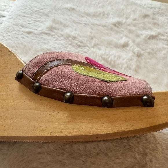 Coach Pink Suede Floral Slide Wedges  with Red Flowers and Green Leaves - Picture 5 of 8